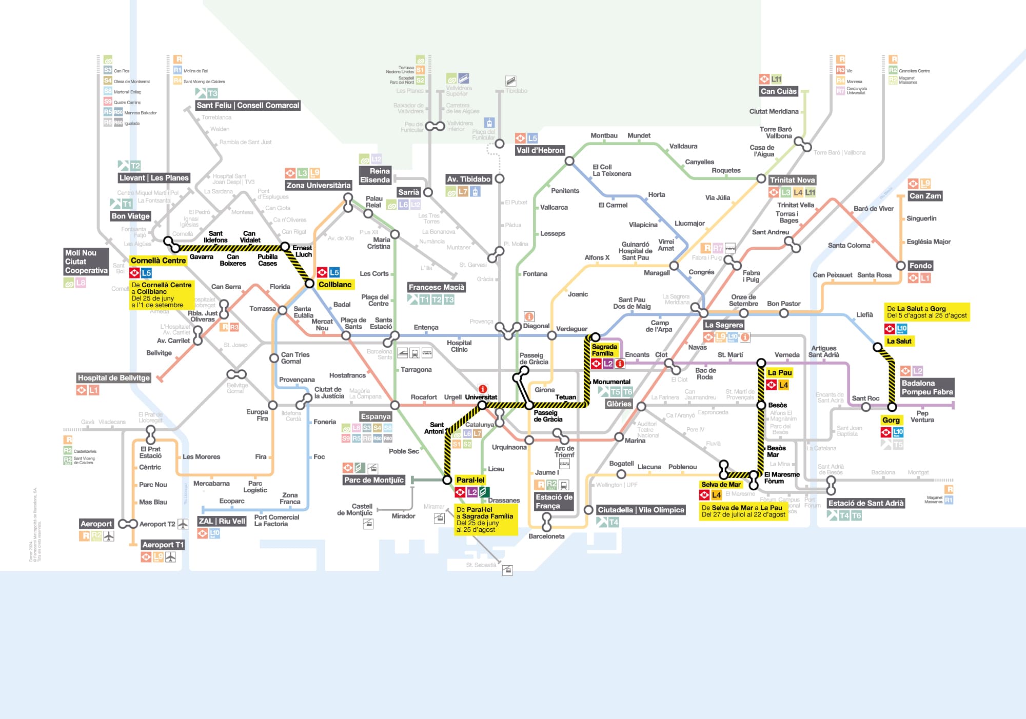 Imagen del mapa de la red de metro con las afectaciones de verano 2024.