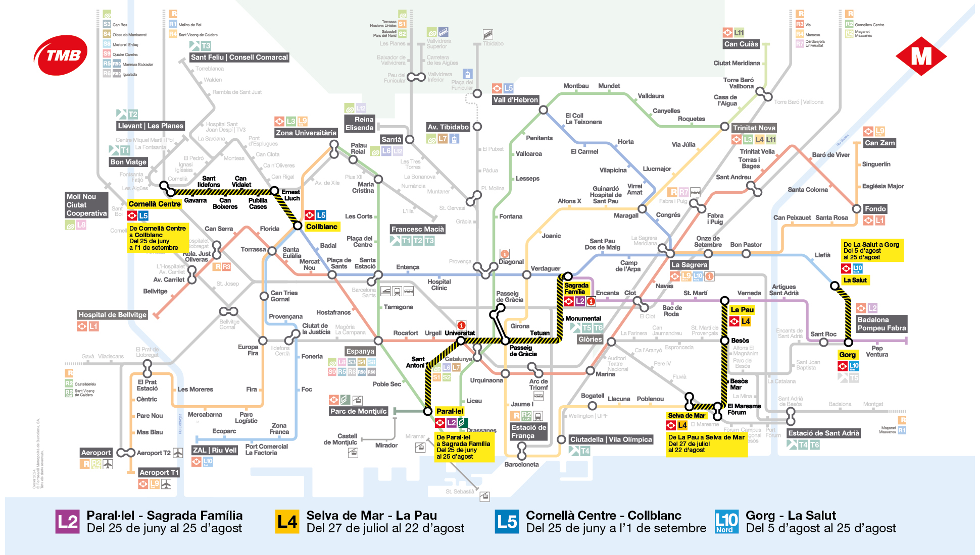 Imatge de la xarxa de metro amb els talls de l'estiu 2024